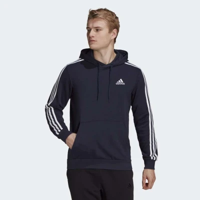 BLUSÃO ADIDAS MOLETOM 3 LISTRAS COM CAPUZ MASCULINO - Marinho/branco BLUSÃO ADIDAS MOLETOM 3 LISTRAS COM CAPUZ MASCULINO - Marinho/branco