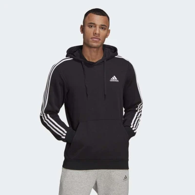 BLUSÃO ADIDAS MOLETOM CAPUZ ESSENTIALS 3-STRIPES MASCULINO - Preto/branco