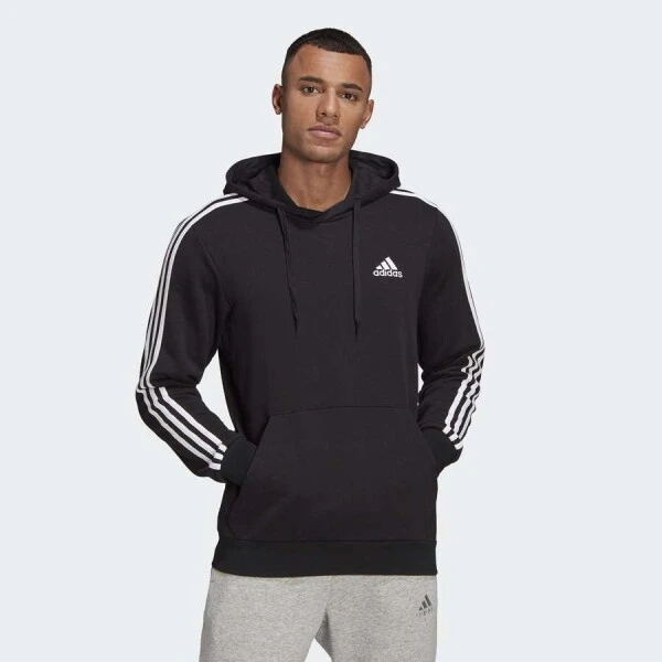 BLUSÃO ADIDAS MOLETOM CAPUZ ESSENTIALS 3-STRIPES MASCULINO - Preto/branco