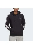 BLUSÃO ADIDAS MOLETOM CAPUZ ESSENTIALS 3-STRIPES MASCULINO - Preto/branco