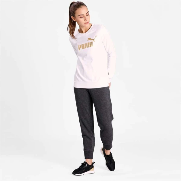 BLUSÃO MOLETOM PUMA ESSENTIALS CREW NECK METALLIC LOGO FEMININO - Branco/dourado