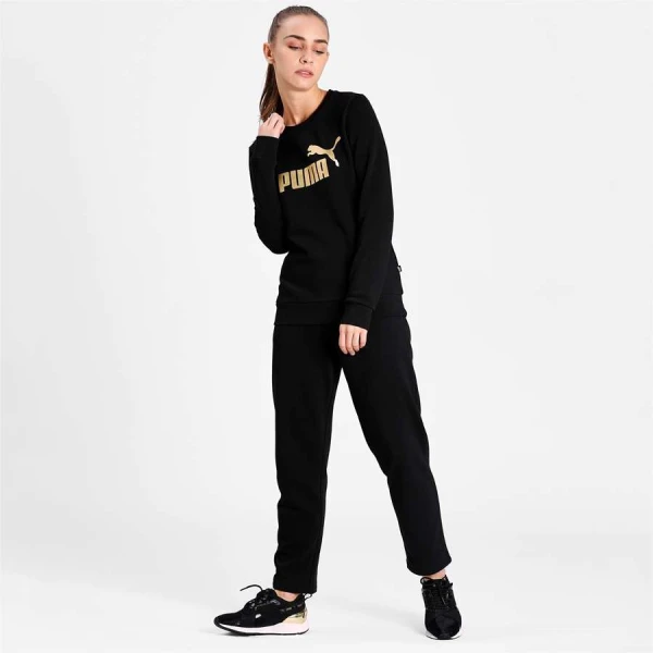 BLUSÃO MOLETOM PUMA ESSENTIALS CREW NECK METALLIC LOGO FEMININO - Preto/dourado