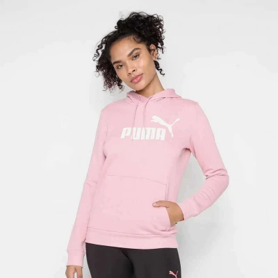 BLUSÃO PUMA ESSENTIALS LOGO HODDIE FEMININO - Rosa/branco