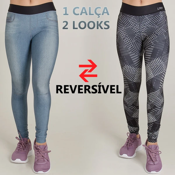 CALÇA LIVE LEGGING REVERSIBLE RISE JEANS INFANTIL - Azul/preto