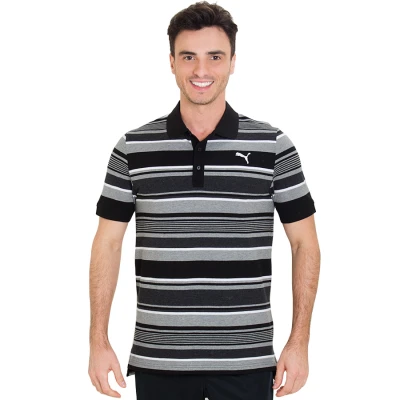 CAMISA PUMA FUN DRY STRIPE PIQUE POLO MASCULINA - Preto/cinza