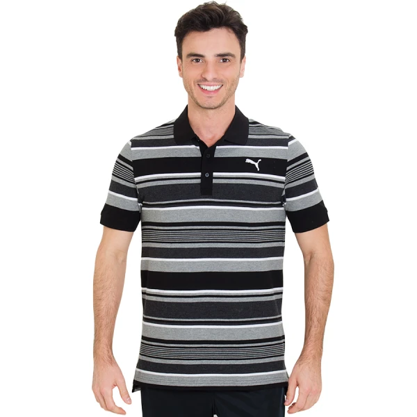 CAMISA PUMA FUN DRY STRIPE PIQUE POLO MASCULINA - Preto/cinza