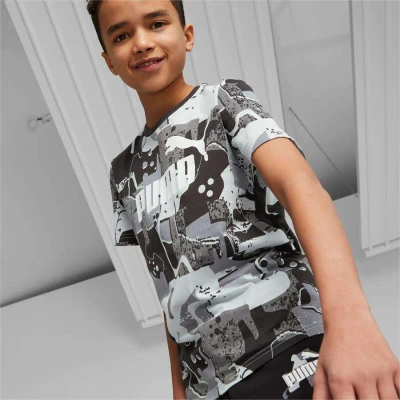 CAMISETA PUMA ESS+ STREET ART AOP TEE INFANTIL - Preto/cinza