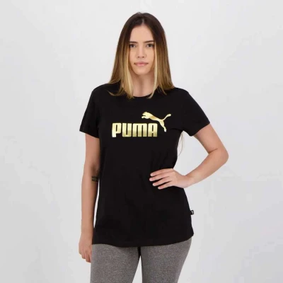 CAMISETA PUMA ESSENTIALS METALLIC LOGO FEMININA - Preto/dourado CAMISETA PUMA ESSENTIALS METALLIC LOGO FEMININA - Preto/dourado