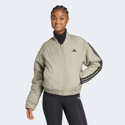 JAQUETA ADIDAS ACOLCHOADA ESSENTIALS 3 LISTRAS FEMININA - Verde/preto