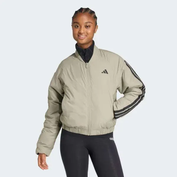 JAQUETA ADIDAS ACOLCHOADA ESSENTIALS 3 LISTRAS FEMININA - Verde/preto