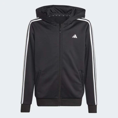 JAQUETA ADIDAS CAPUZ ZÍPER REGULAR FIT 3-STRIPES TRAIN ESSENTIALS AEROREADY INFANTIL - Preto/branco