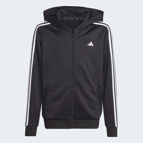 JAQUETA ADIDAS CAPUZ ZÍPER REGULAR FIT 3-STRIPES TRAIN ESSENTIALS AEROREADY INFANTIL - Preto/branco