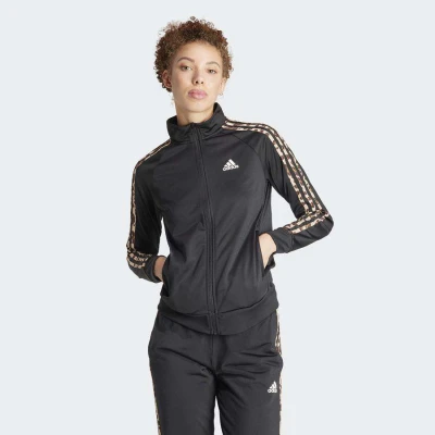 JAQUETA ADIDAS MALHA ESTAMPA ANIMAL ESSENTIALS TRÊS LISTRAS FEMININA - Preto/marrom