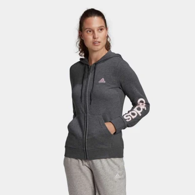 JAQUETA ADIDAS MOLETON CAPUZ ZIPER ESSENTIALS LOGO FEMININA - Grafite/rosa